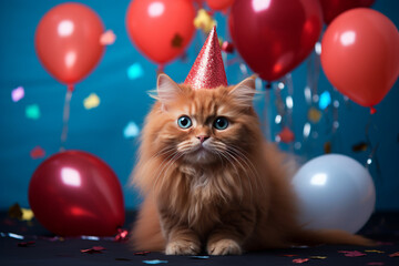 a cute cat in a red hat with birthday balloons on background