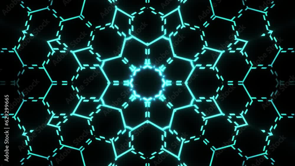 Poster neon mesh pattern with hexagons and moving lines. motion. floral luminous pattern with moving lines.