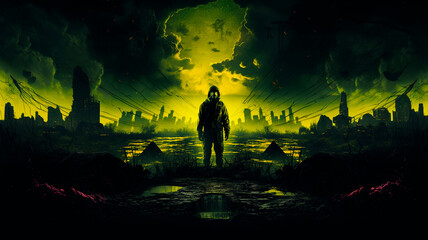 Obraz na płótnie Canvas Stalker in a respirator against the background of a radioactive explosion. The city under the chemical cloud Background. High quality illustration