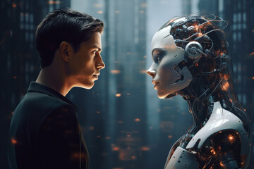 Human man and robotic female looking into each other eyes, Generated with AI.