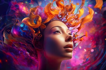 Fototapeta premium abstract vibrant colourful portrait of fantasy woman, sensuality and tenderness, creative design concept, generative AI