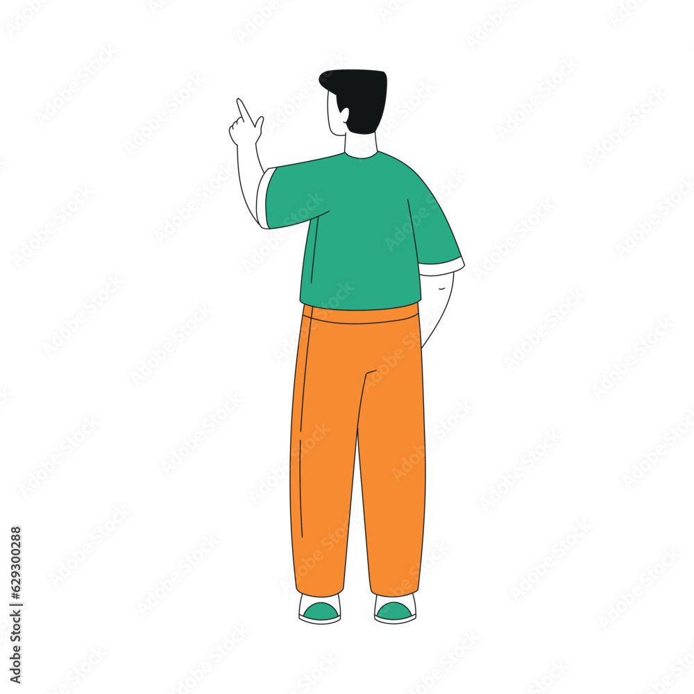 Poster man character indicating something pointing with index finger as hand gesture specifying direction v