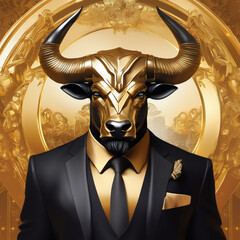 Bull with golden suit, bullish trend, stock market, Generative AI