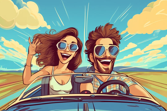 Happy young couple driving in convertible car on road trip. Man and woman laughing and having fun together.