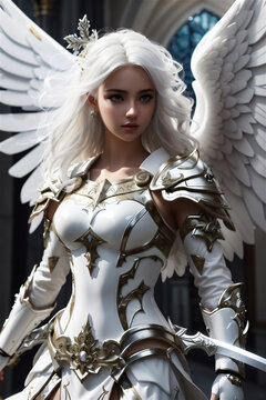 Ultra realistic full body archangel diablo, intricate white and gold armor. Warrior angel beauty woman.