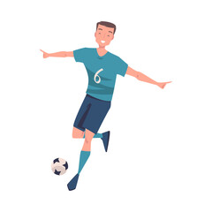 Man Footballer in Blue Uniform Playing Football Pass Ball Vector Illustration