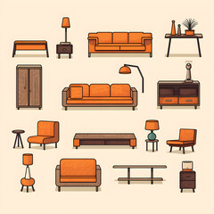 A set of furniture vector illustrations in orange tones
