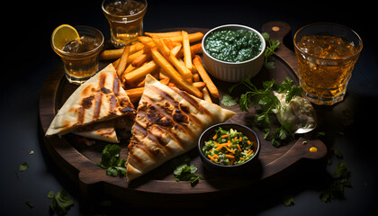 From above Quesadilla's with french fries herbs and dips 