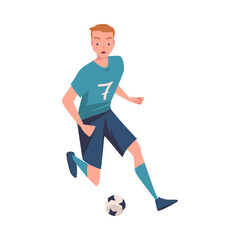 Man Footballer in Blue Uniform Playing Football Pass Ball Vector Illustration