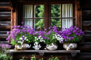 Fototapeta na wymiar White and violet flowers covering window of wooden house