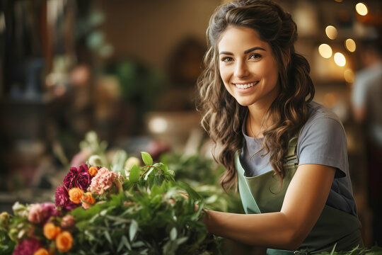 Beautiful woman florist creating bouquet in flower shop. Small business. Generative AI illustration