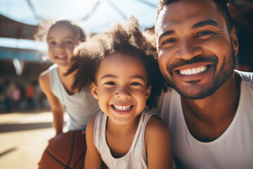 Happy multiracial father with his children outdoors on a sunny day. Joint family game leisure. 