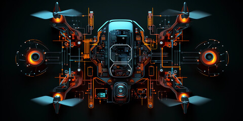 Drone technology, blending geometric shapes and circuitry patterns, modern, vibrant