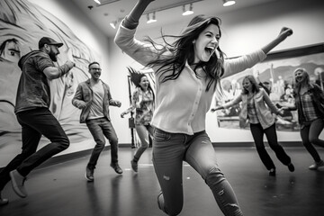 Art therapy class, diverse group of people joyfully creating art, mid - action shot, capturing movement and energy