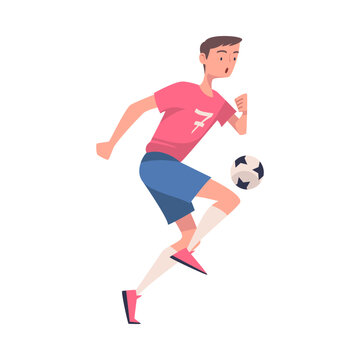 Man Footballer in Pink Jersey Playing Football Pass Ball Vector Illustration