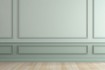 grey green color wall with trendy wall molding with light wooden floors