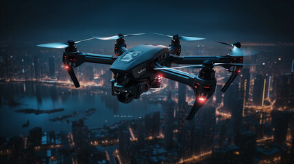 Drone hovering over an urban landscape at night, city lights, high contrast, cyberpunk aesthetic