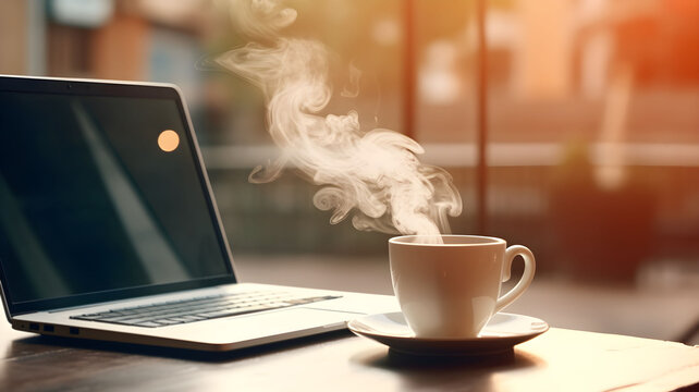 Coffee in a white cup, laptop, homeworking, teleworking, coffee and laptop, mug, espresso, smoking coffee, close up shot of a cup of coffee, cafeine, working from home