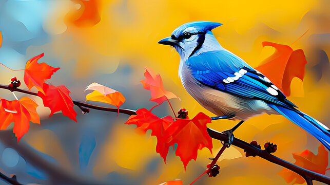 Painting of a Blue Jay on a branch in Autumn