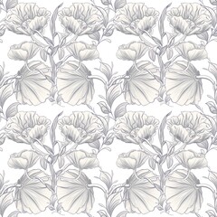 Seamless pattern of interlacing poppy flower and leaves, made in shades of gray and with a dark blue stroke on a white background. Part of the poppies face, part turned away.