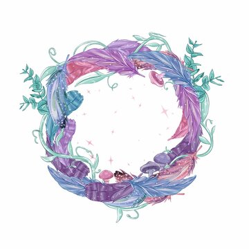 Round frame of magic feathers, mushrooms and eucalyptus leaves intertwined with liana. Inside there is free space for text. Purple, blue and pink shades. The picture is full of magic.