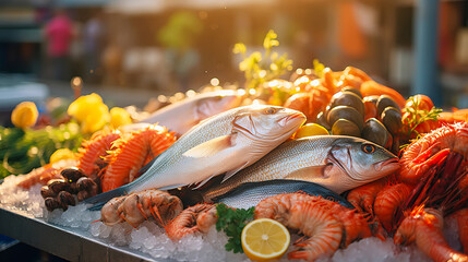Local market with fresh farm products. Sea fish and seafood close-up on street counter - obrazy, fototapety, plakaty