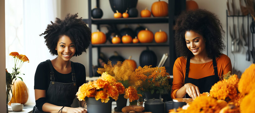 Attractive african american female florists working in flower shop. Creation of autumn decor for Halloween celebration
