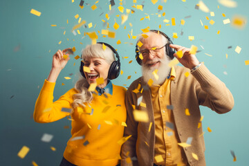 Happy laughing senior older people grandad grandpa grandma and falling confetti on teal blue background. Modern old friends with smile celebrating at party, silent disco, cyberspace.. Generative AI.