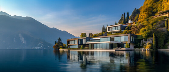 Beautiful waterfront luxury home with a scenic view of Lake Como in Italy. Modern architecture  for a summer getaway vacation of relaxation - obrazy, fototapety, plakaty