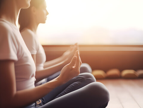 Several women are meditating, practicing yoga, tranquility and peace, self-discovery