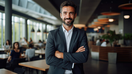 Fototapeta premium Serious and confident businessman stands in a suit against the backdrop of a modern office.