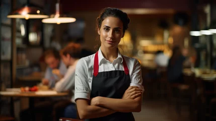 Gordijnen Portrait of smiling waitress standing with arms crossed in cafe © MP Studio