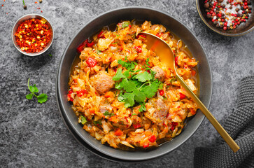 Stewed Cabbage with Meat and Vegetables, Comfort Food, Tasty Meal