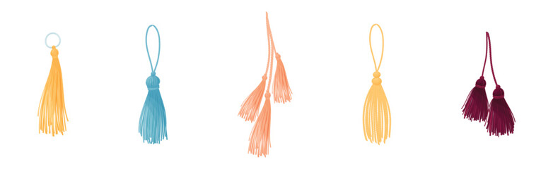 Tassel for Fabric and Clothing Decoration with Braided Cord and Yarn Skirt Vector Set