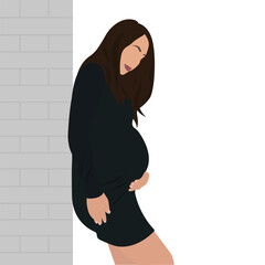 Fototapeta premium Young Pregnant Woman in Black Dress Stands Near Wall and Holding Belly. Flat Vector Illustration