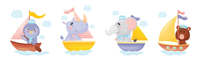 Cute Animals in Sailor Hats Boating and Sailing Vector Set