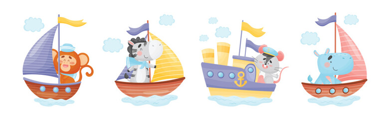 Naklejka premium Cute Animals in Sailor Hats Boating and Sailing Vector Set
