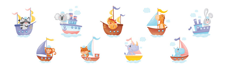 Cute Animals in Sailor Hats Boating and Sailing Vector Set