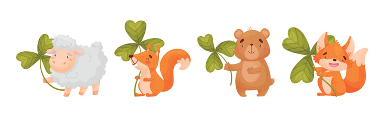 Cute Baby Animals with Three Leaf Clover Vector Set