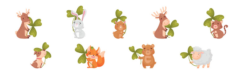 Cute Baby Animals with Three Leaf Clover Vector Set
