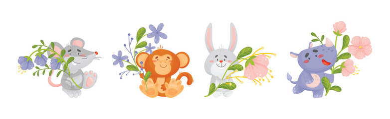 Cute Animals Holding Flower on Stalk with Their Paws Vector Set