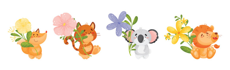 Cute Animals Holding Flower on Stalk with Their Paws Vector Set