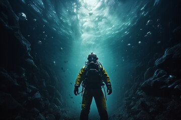 Fototapeta na wymiar Scuba deep sea diver swimming in a deep ocean cavern. Underwater exploration. Into the abyss.
