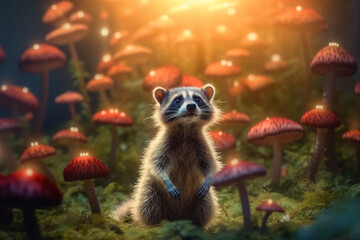 Amusing Raccoon in a Magical Forest with Glowing Mushrooms AI generated