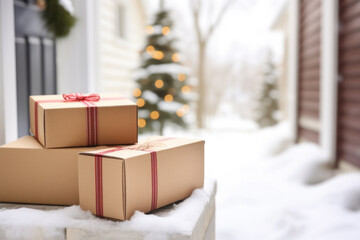Xmas gift delivery concept with parcel boxes near front door
