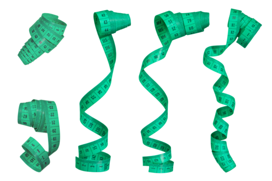 Measuring tape isolated on white background. A set of measuring tapes rolled into a spiral. Tapes for measuring dimensions or distances are green. The concept of weight loss or diet.