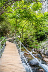 Obraz premium Sapadere canyon with wooden paths and cascades of waterfalls in the Taurus mountains near Alanya, Turkey