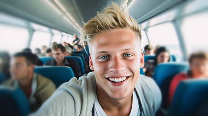 Fototapeta na wymiar young adult man on airplane in economy class with many others in the plane, middle or in the middle, air travel arrival or departure or boarding