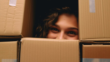 moving boxes with cut face, adult woman doing nonsense and fun with moving boxes, carrying a box on her head or hiding