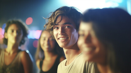 young teenager boy or young adult man, long hair, dark brown hair color, fun and joy, smiling slightly embarrassed, out with friends and other girls or young women